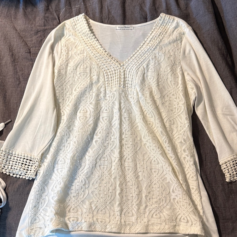 Studio Works Cream Lace V-Neck Top